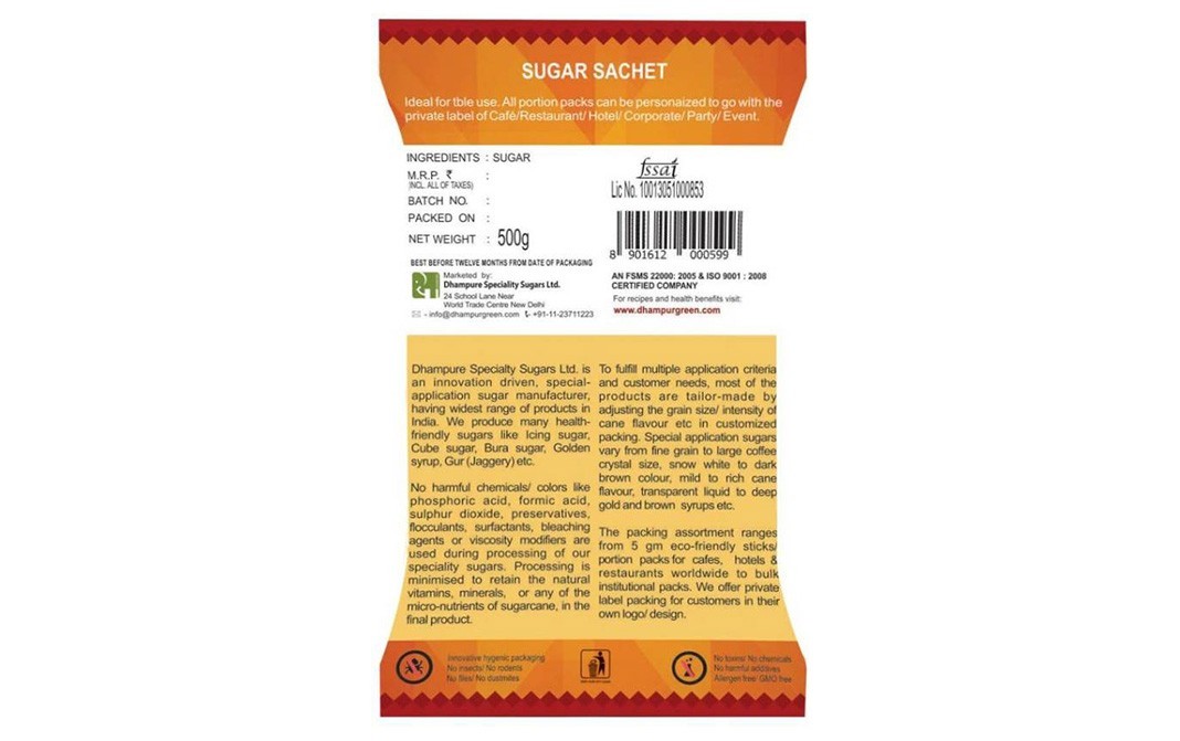 Dhampur Green White Sugar Sachets    Pack  500 grams